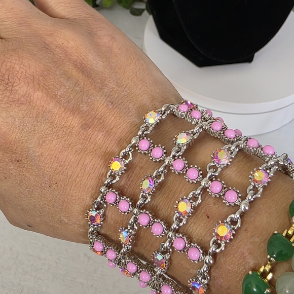 Vintage Wide Silver and Pink Lattice Bracelet - Picture 8 of 11